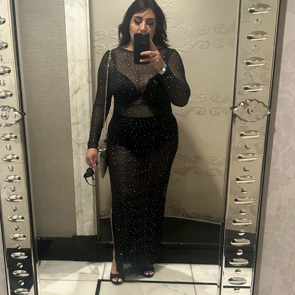 Lulus Daring Sparkle Black Sheer Mesh Rhinestone Maxi Dress - Size L - Picture 4 of 4